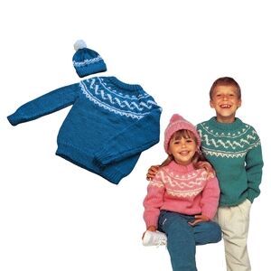 Kids Fair Isle Crewneck Pullover With Matching Toque - Acrylic - New